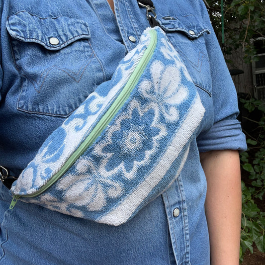 Vintage Blue and White Floral Terrycloth Crossbody Bag