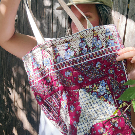 Vintage Dark Red Quilted Market Tote Bag