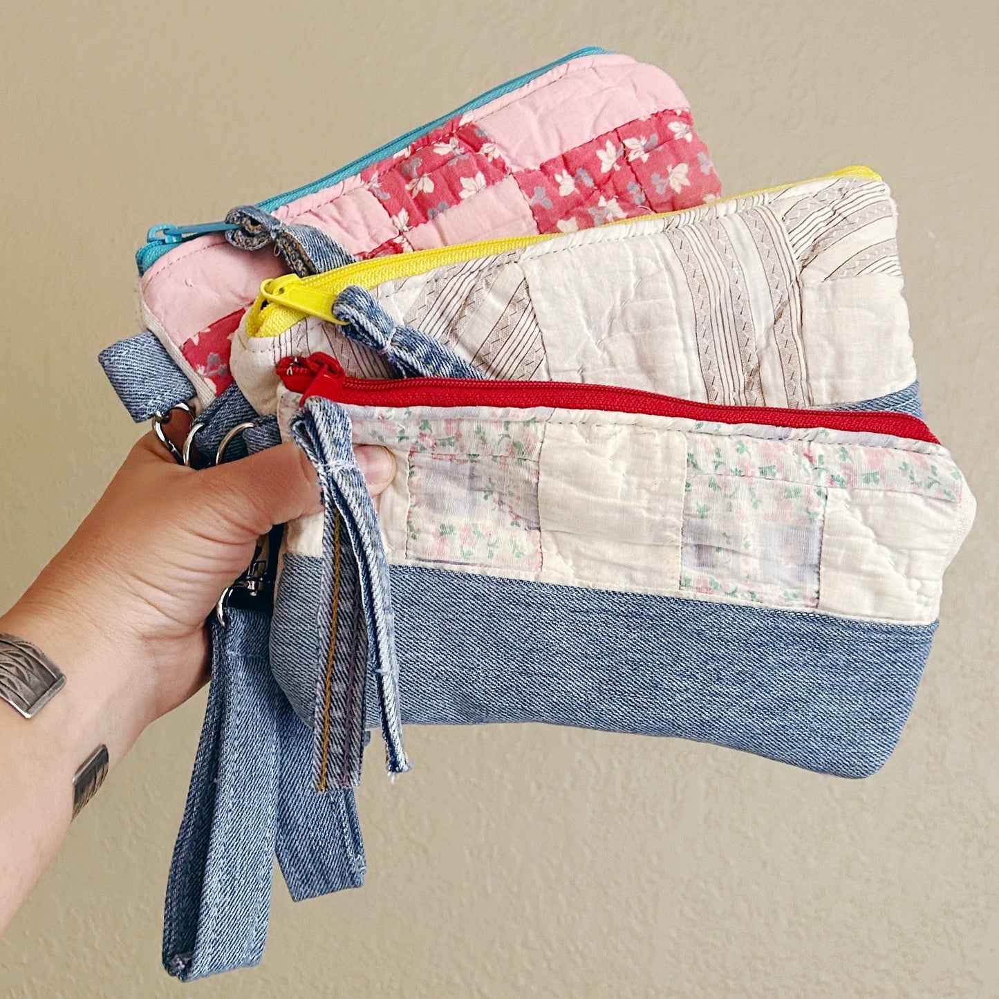 Vintage Quilt + Denim Wristlet Bags