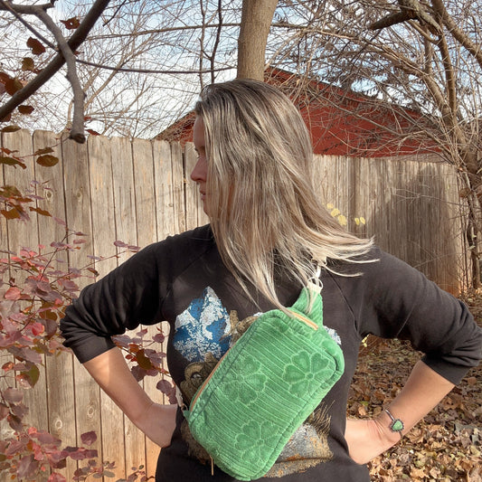 Vintage Green Floral Terrycloth Crossbody Bag