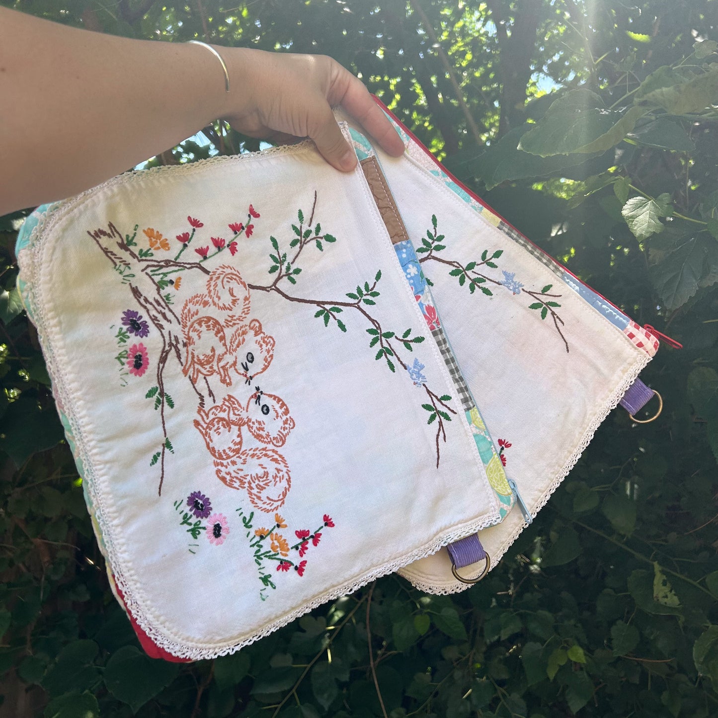 Vintage Embroidered Squirrel Stash Bags