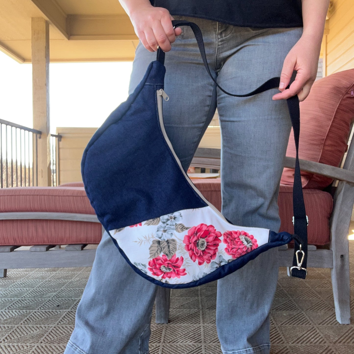 Denim and Red Floral Moon Bag