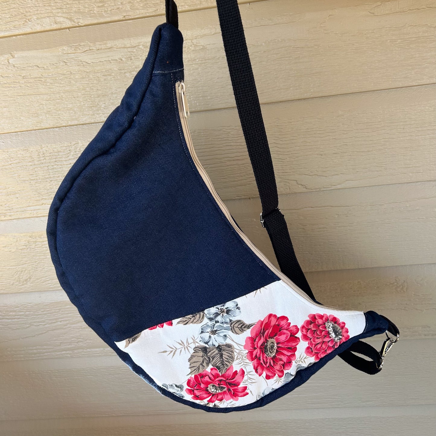 Denim and Red Floral Moon Bag