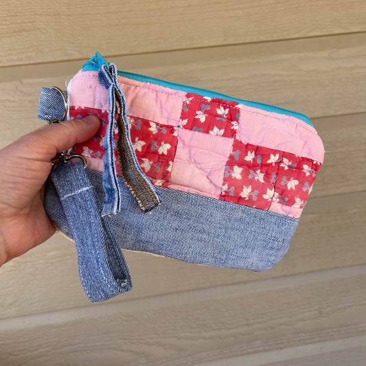 Vintage Quilt + Denim Wristlet Bags