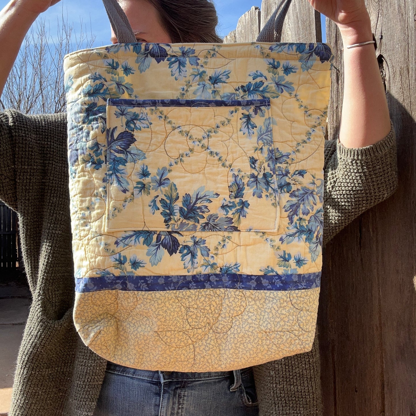 Vintage Quilted Blue and Yellow Floral Tote Bag