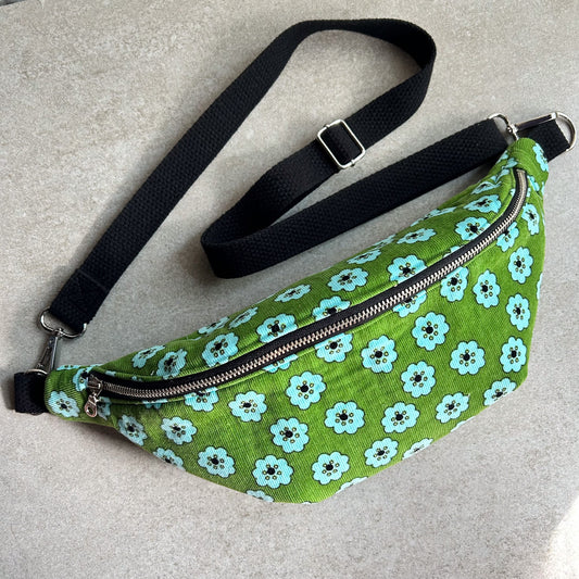 Retro Green Floral Corduroy Crossbody Bag